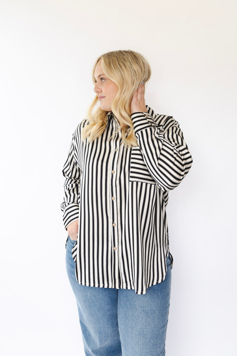 Satin Striped Button Front Blouse