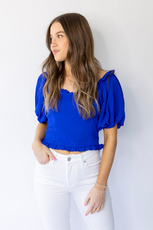Mitzy Cropped Bubble Sleeve Top - Royal Blue