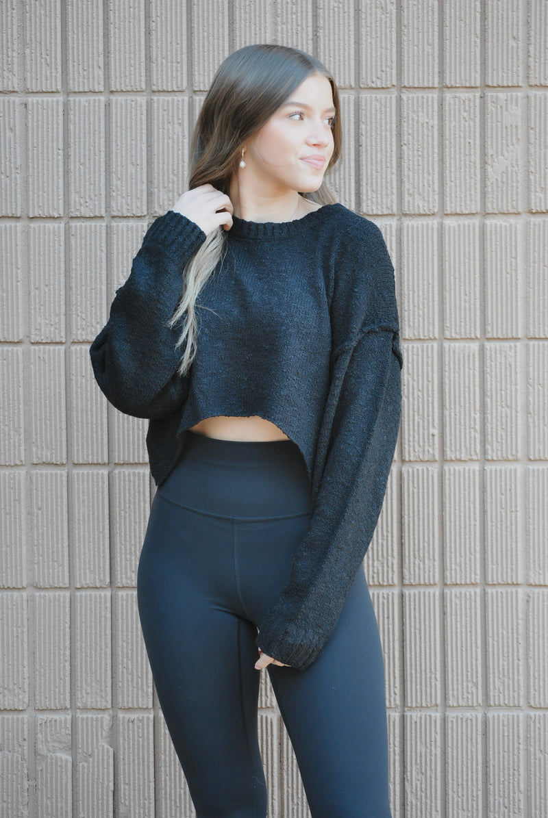 Night Out Cropped Knit Top- Black