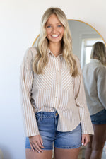 Simply Striped Button Front Top- Taupe