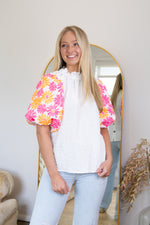 Floral Sleeves Textured Top - White