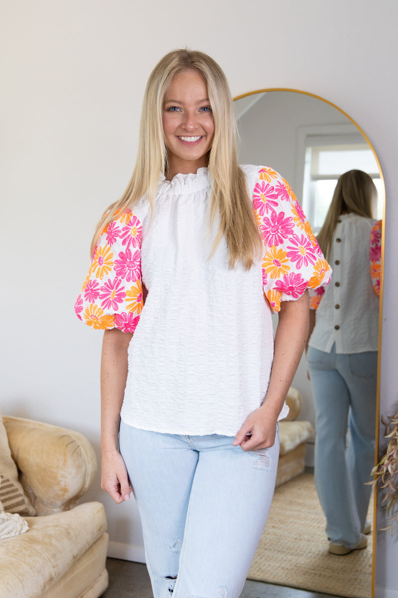 Floral Sleeves Textured Top - White