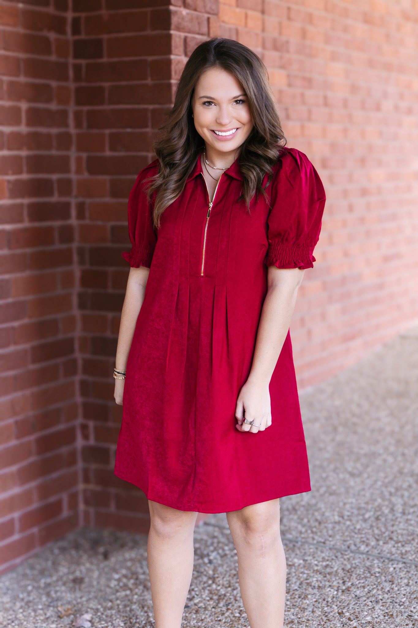 Wine Front Zip Darts Dress