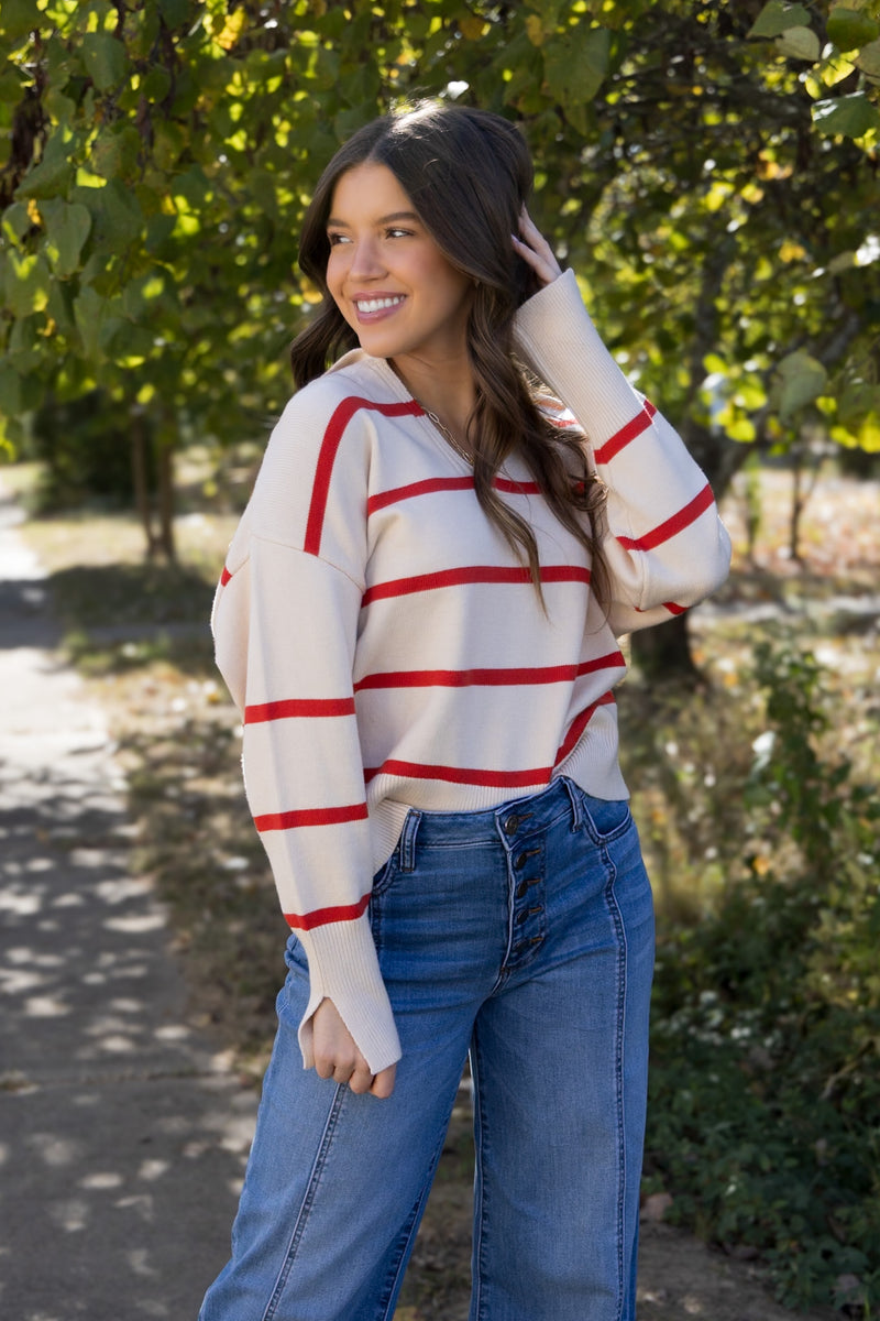 Brystol Stripe Sweater - Ivory/Red