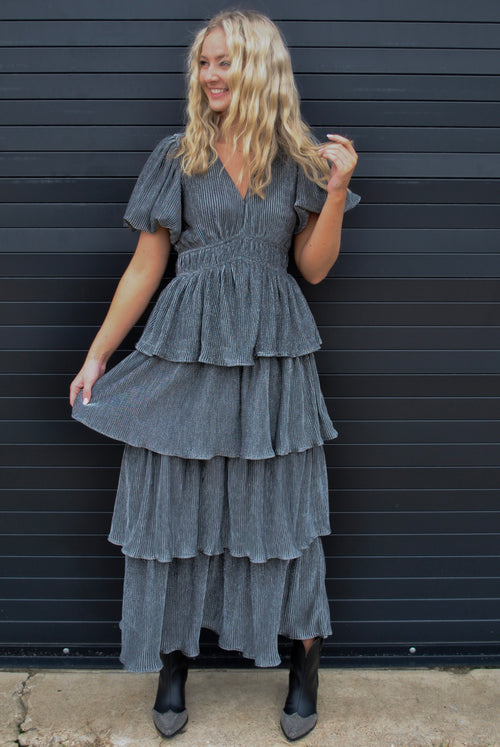 silver sparkly tiered maxi dress