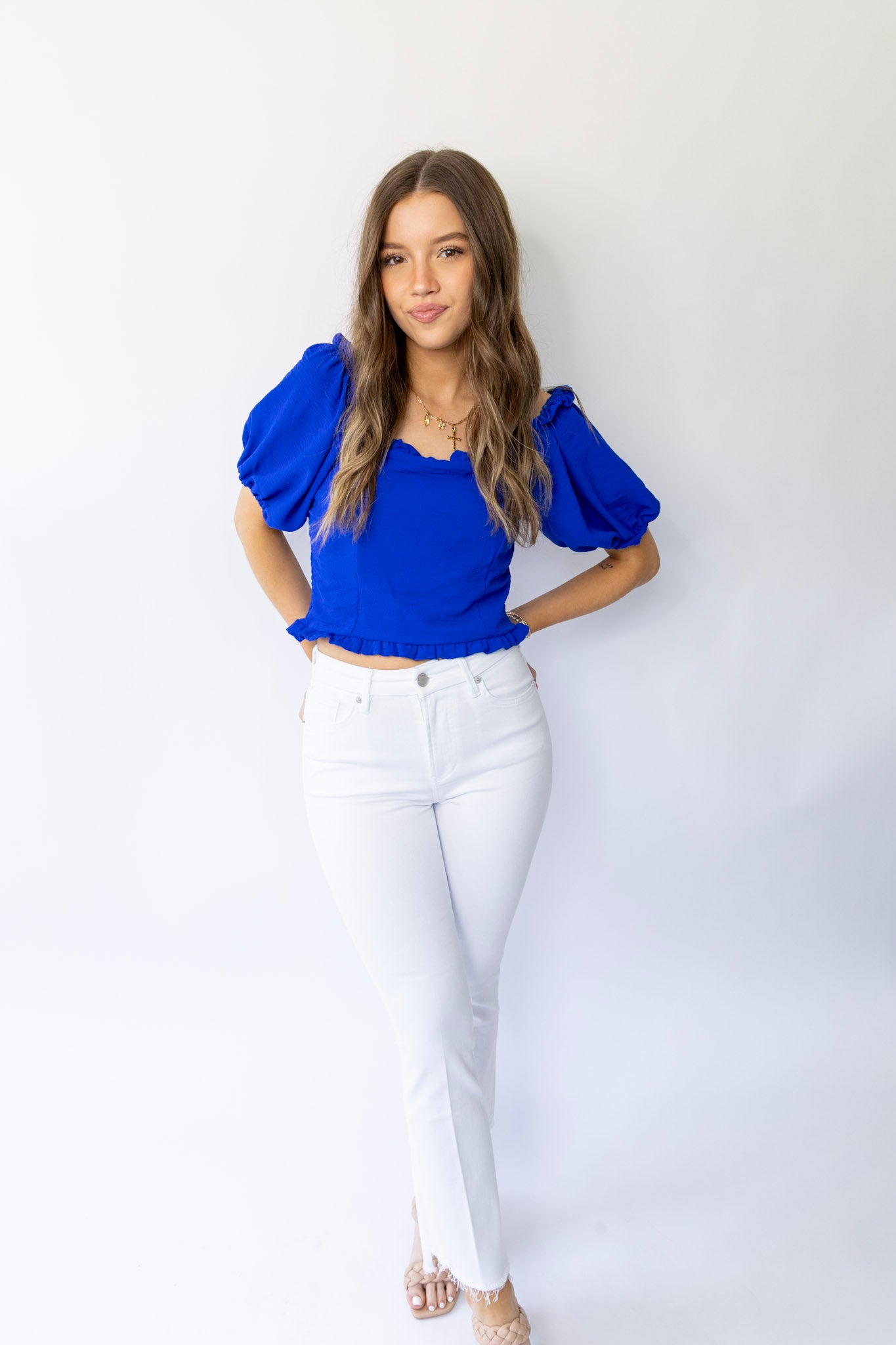 Mitzy Cropped Bubble Sleeve Top - Royal Blue