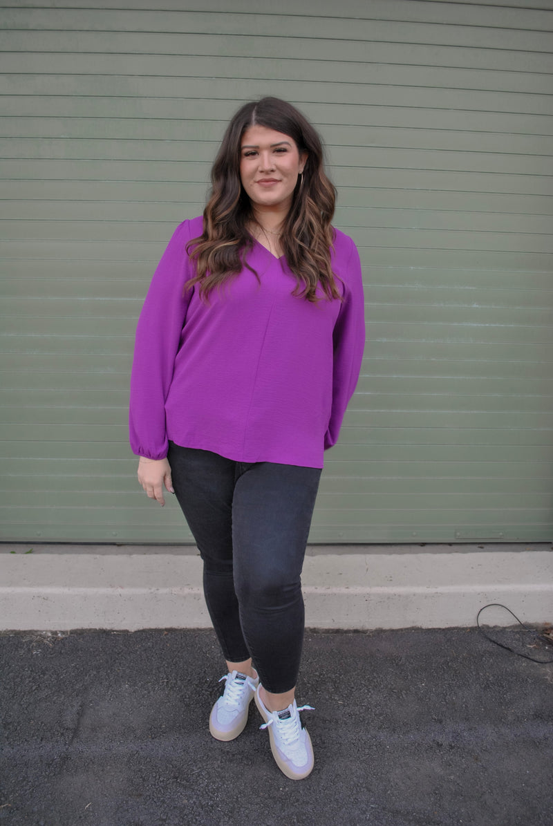Curvy Bubble Sleeve Blouse- Purple