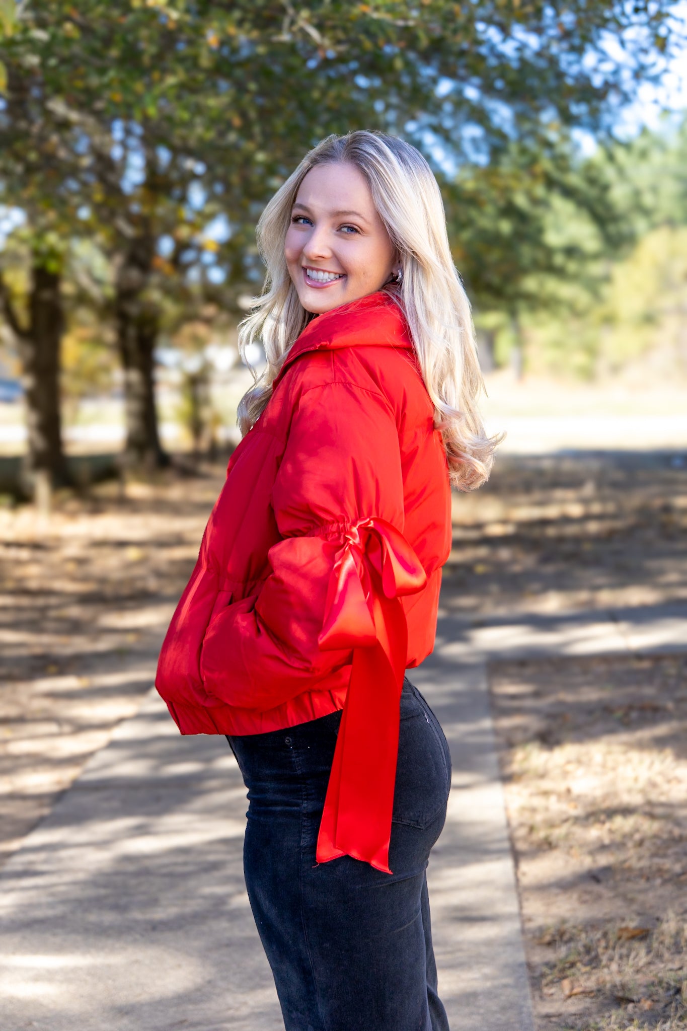 Bow Puffer Jacket - Red