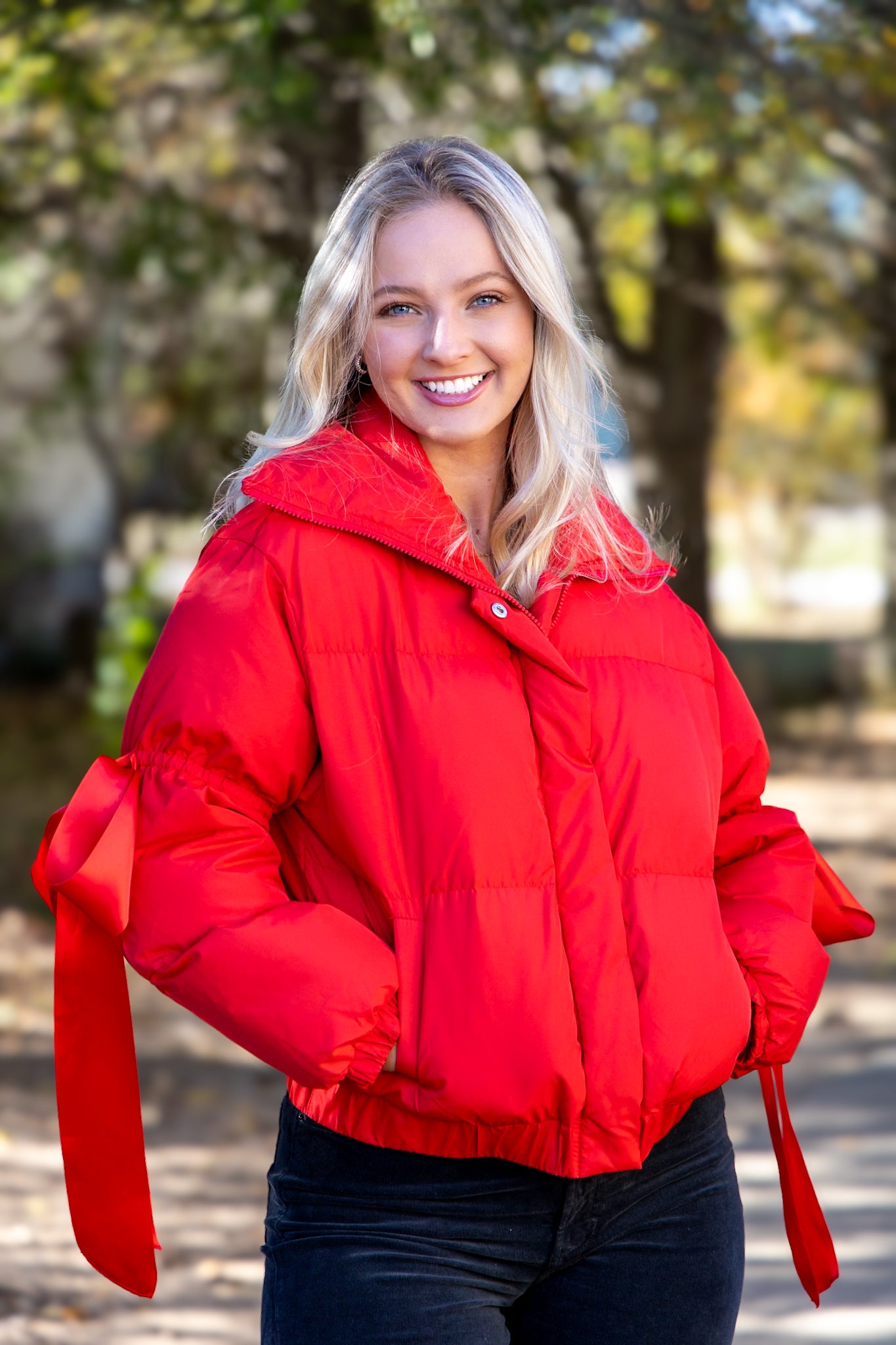 Bow Puffer Jacket - Red