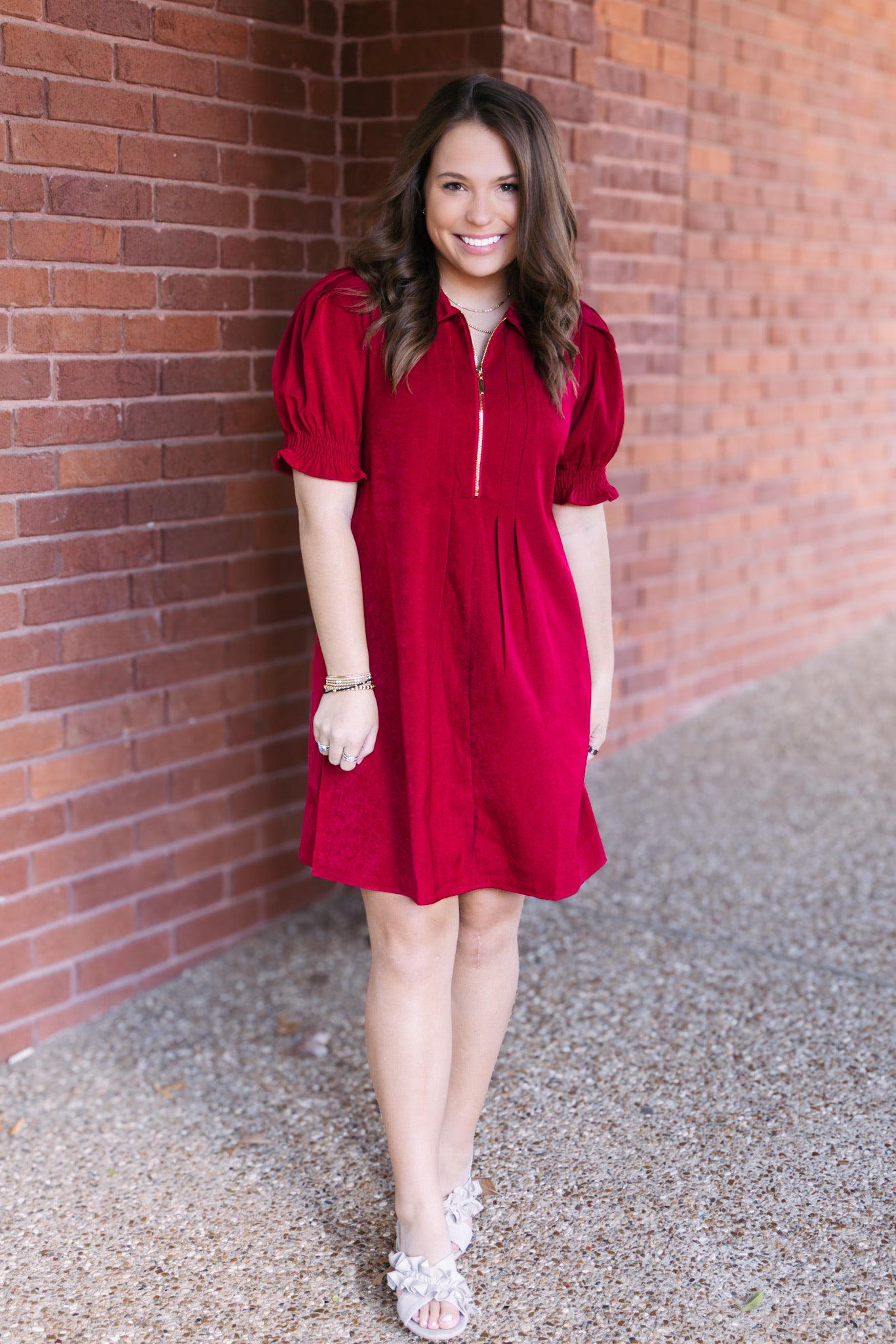 Wine Front Zip Darts Dress