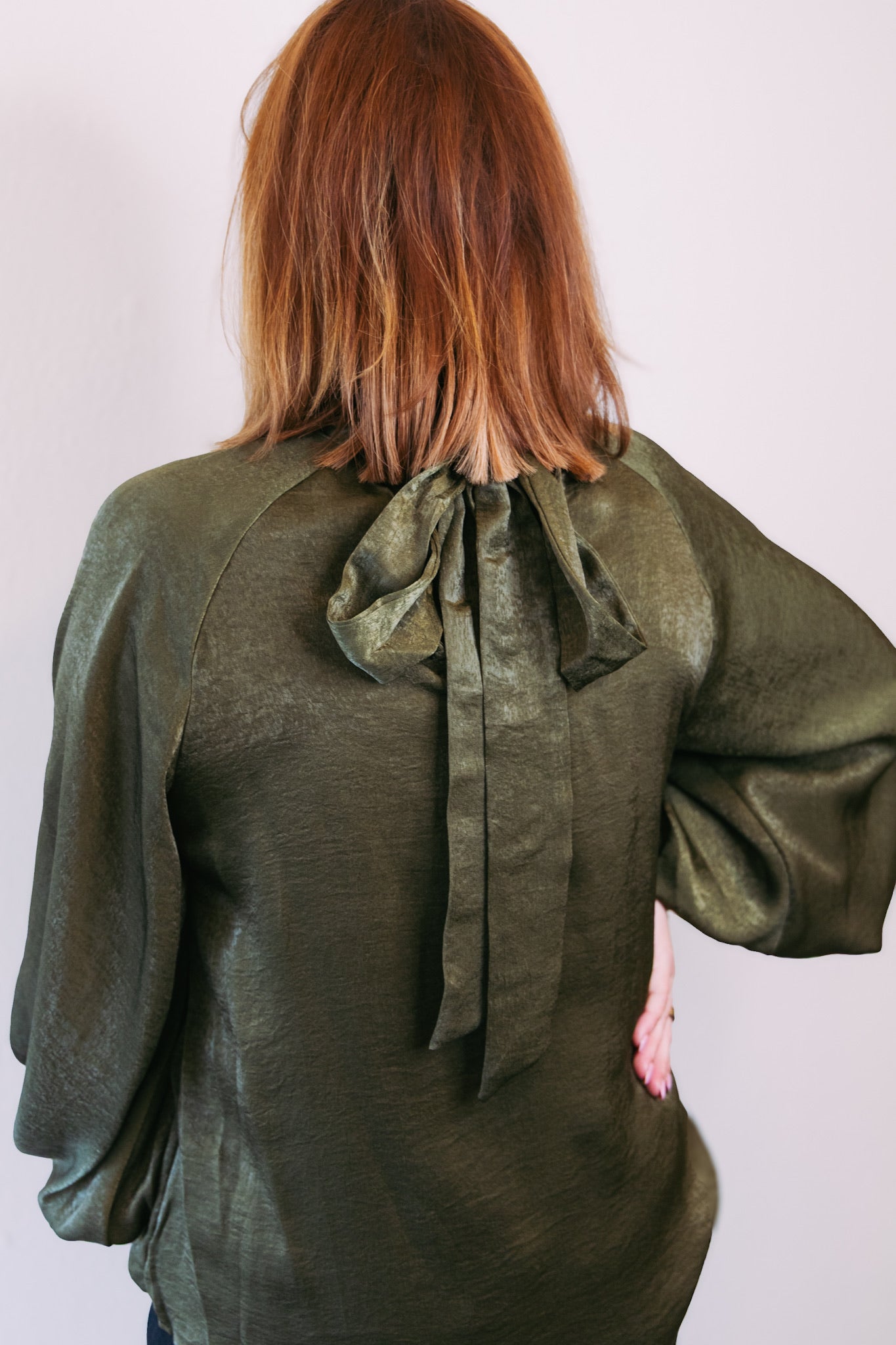 Olive Satin Long Sleeve Blouse