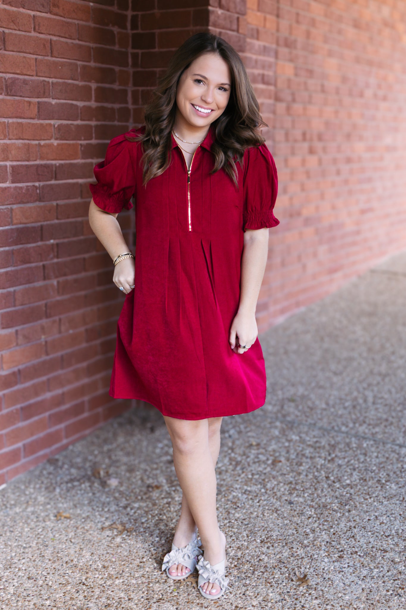 Wine Front Zip Darts Dress