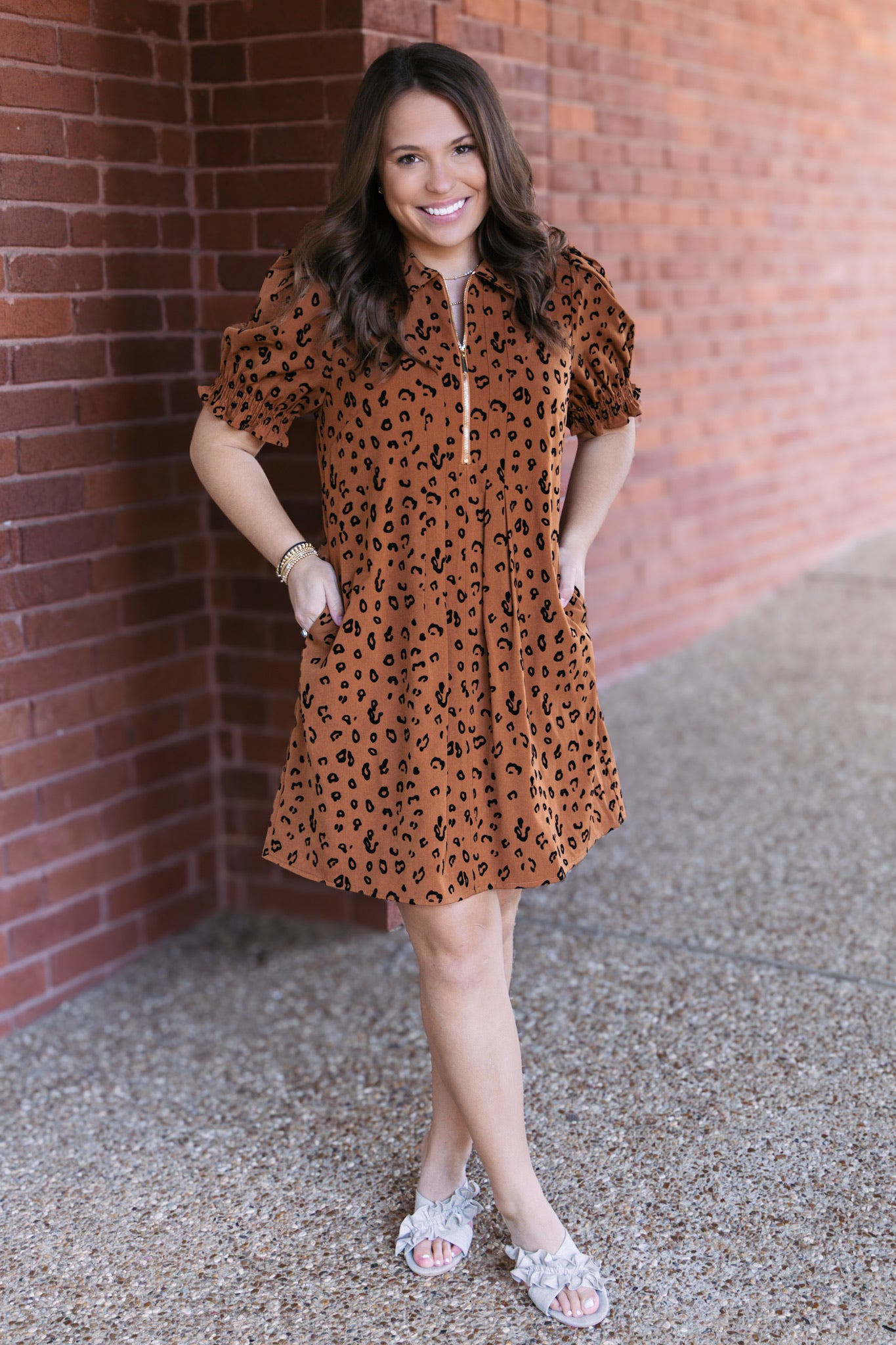 Brown Leopard Front Zip Darts Dress