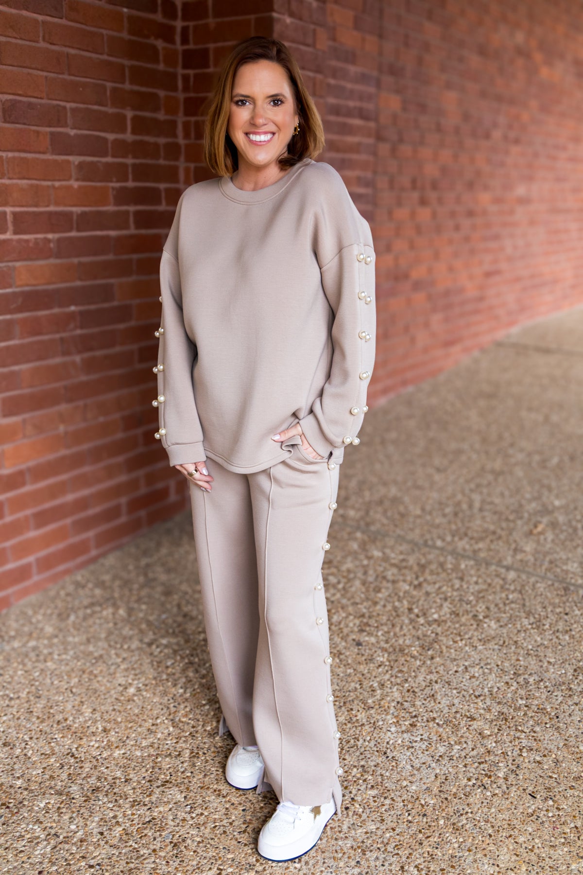 Katri French Scuba Pearl Top - Taupe