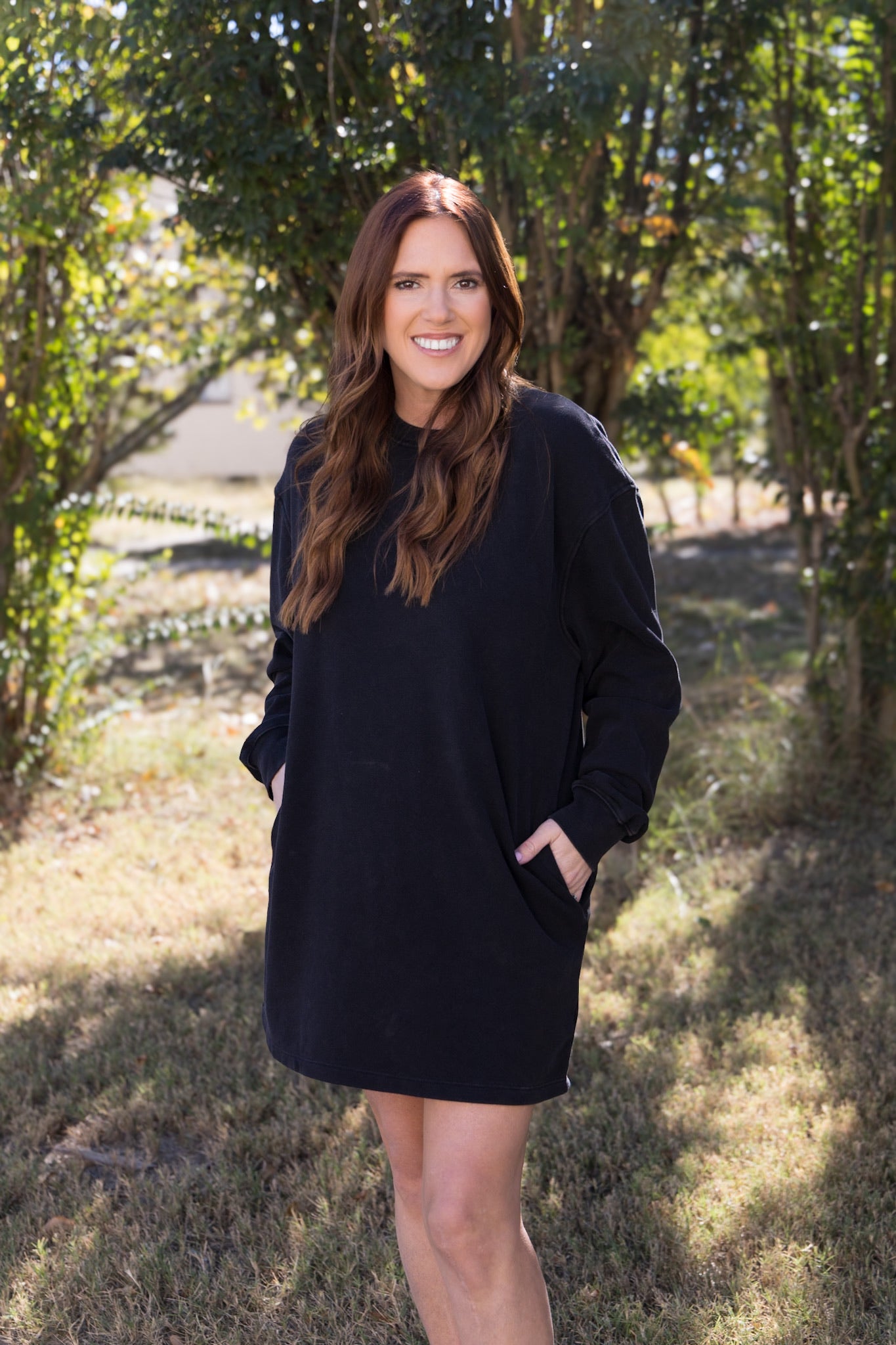 Long Sleeve Fall Knit T-Shirt Dress - Black