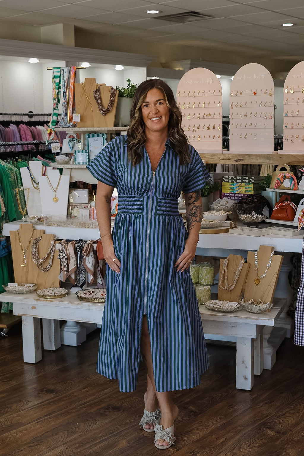 Zipper Front Stripe Dress - Green/Blue