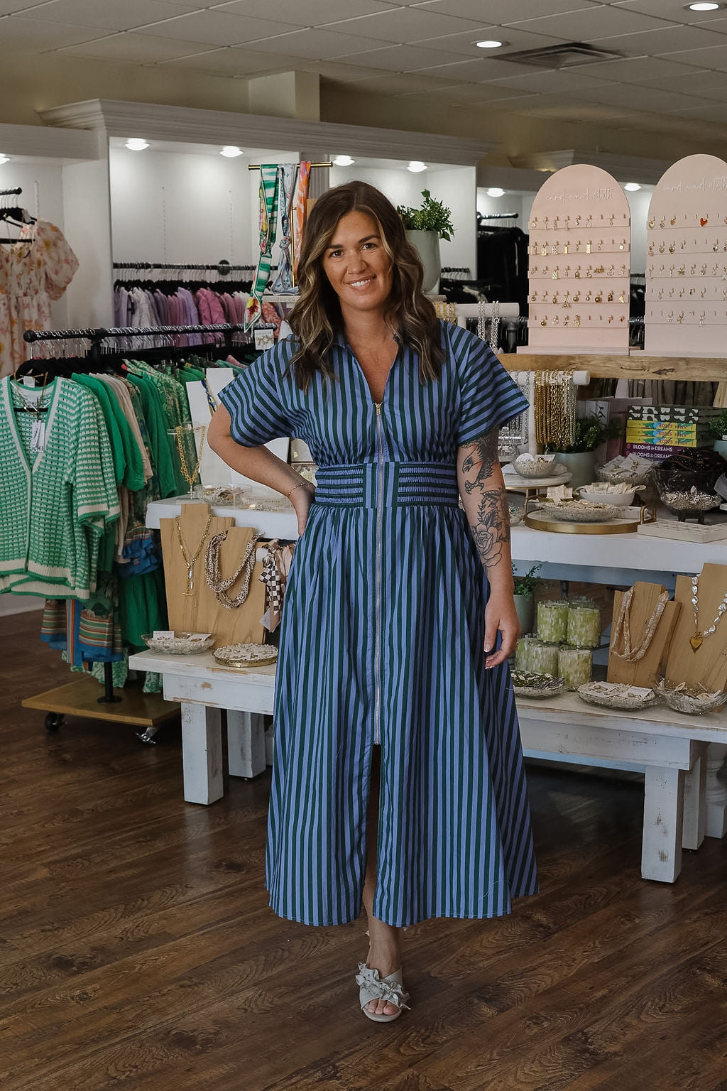 Zipper Front Stripe Dress - Green/Blue