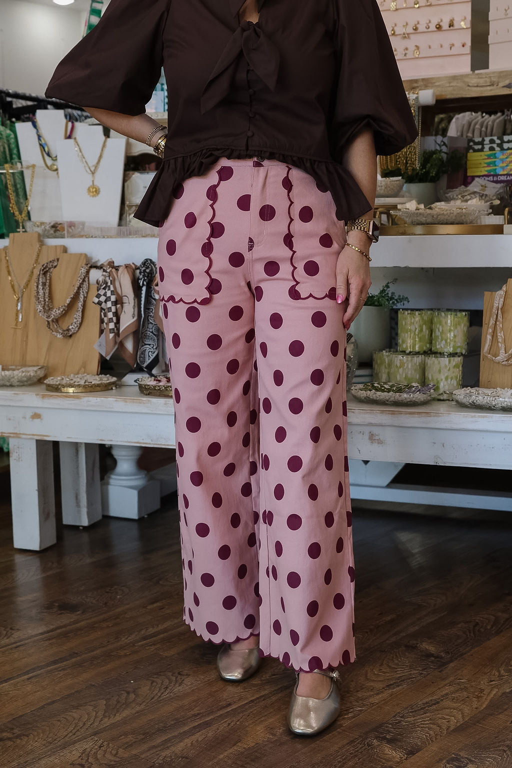 Scalloped Polka Dot Pant - Pink/Burgundy