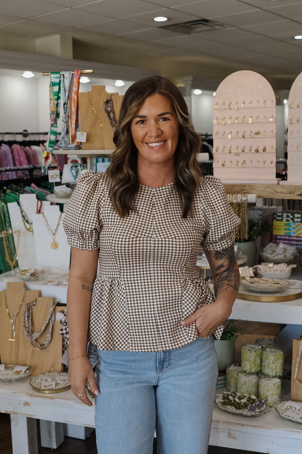 Gingham Puff Sleeve Top - Camel