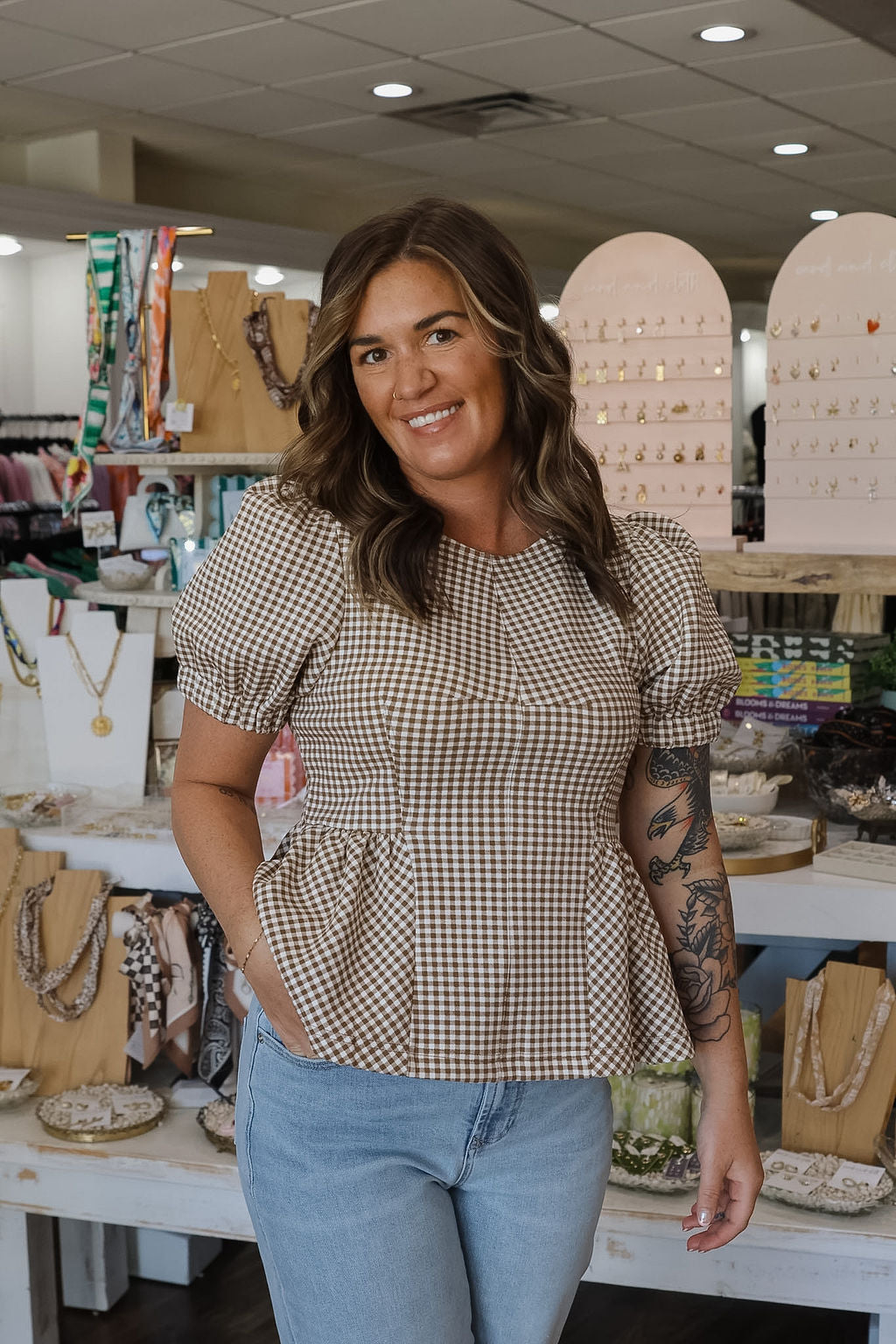 Gingham Puff Sleeve Top - Camel