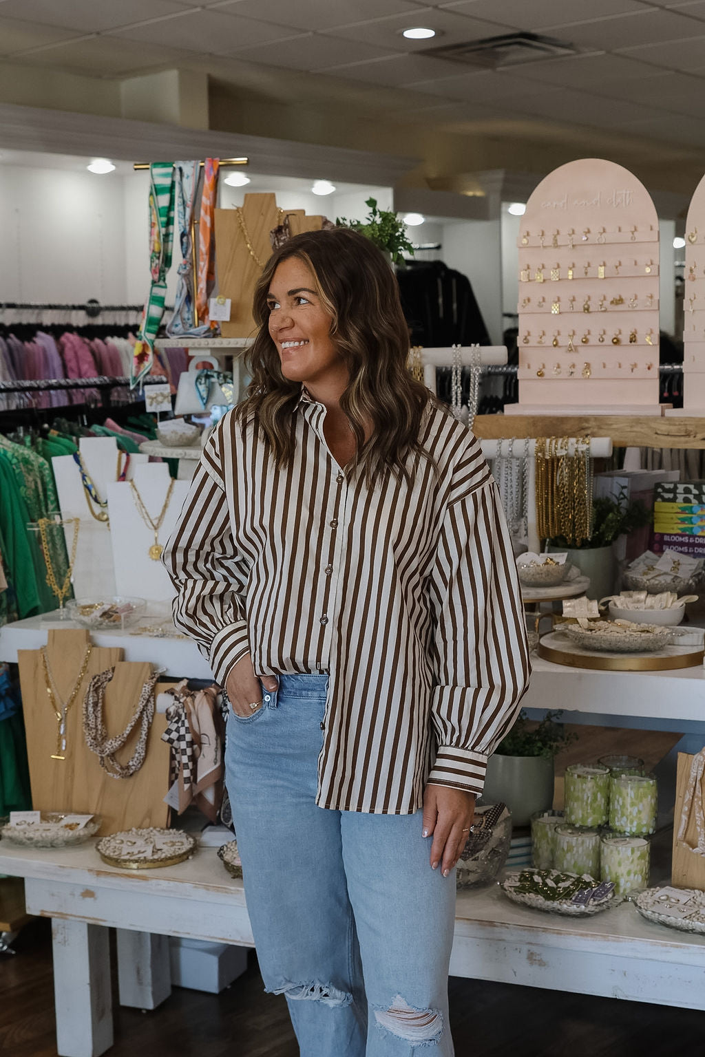 Relaxed Fit Button Front Top - Brown/Ecru Stripes