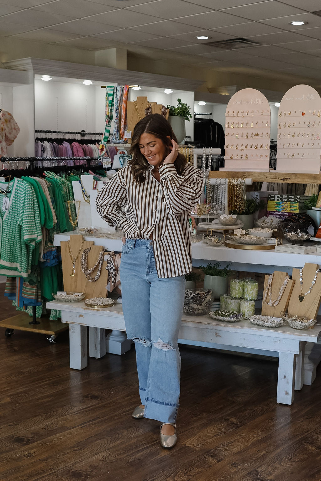 Relaxed Fit Button Front Top - Brown/Ecru Stripes