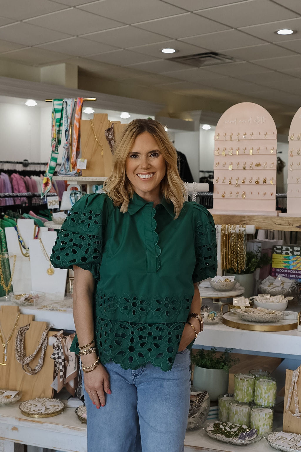 Eyelet Puff Sleeve Top - Green