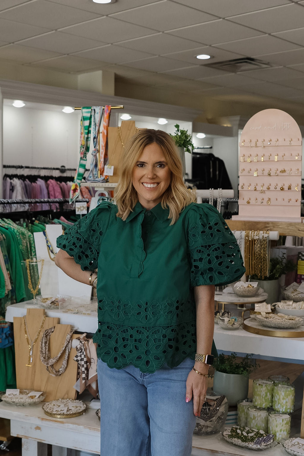 Eyelet Puff Sleeve Top - Green