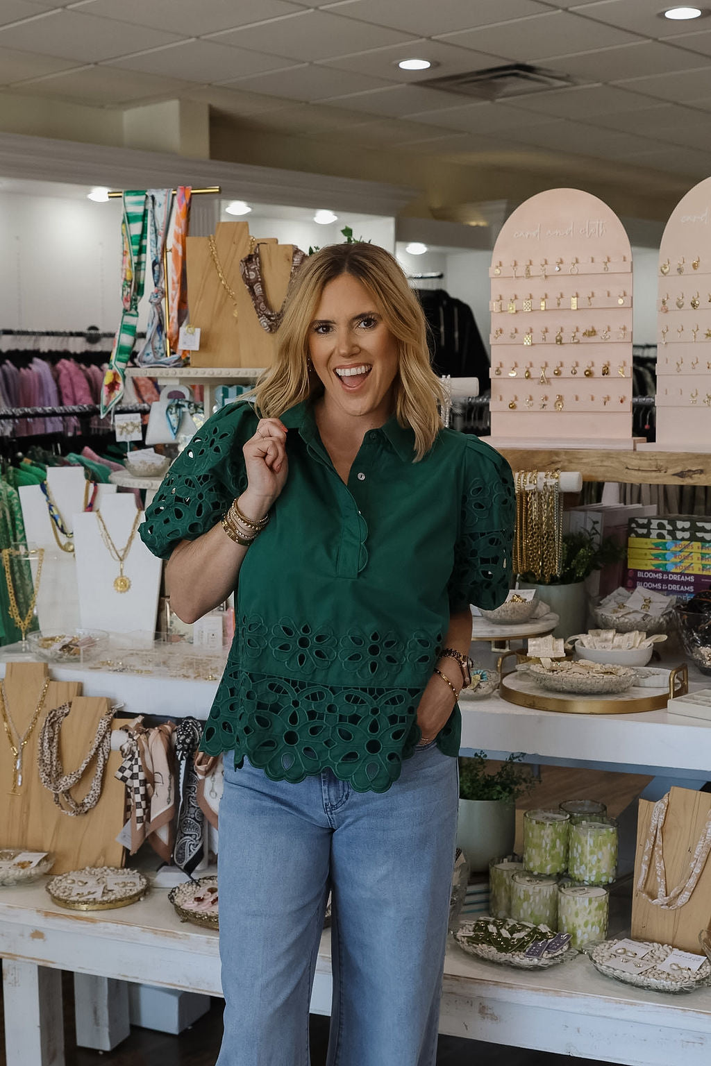 Eyelet Puff Sleeve Top - Green