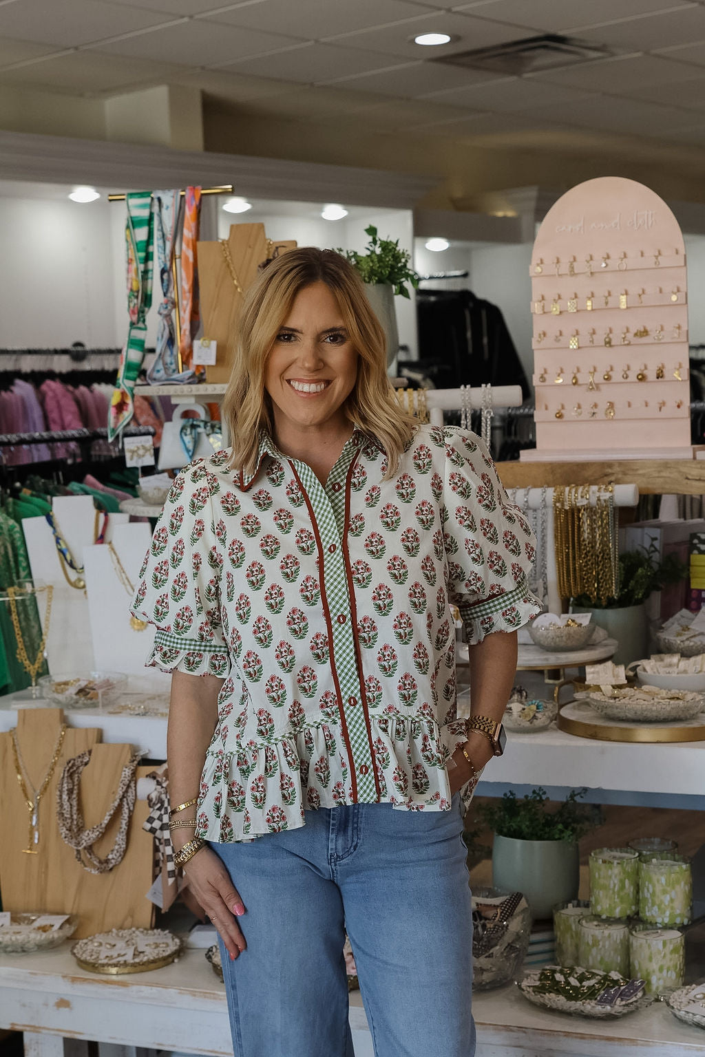 Gigi Mixed Pattern Peplum Top - Ecru/Green