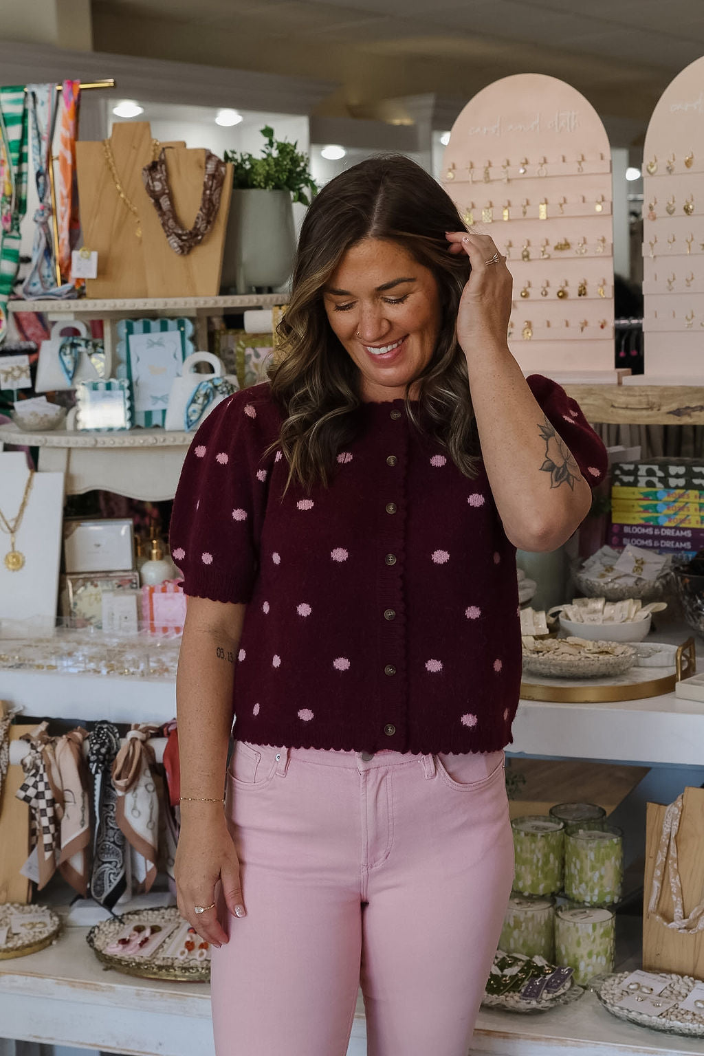 Sammi Scalloped Sweater/Cardi - Burgundy Polka Dot
