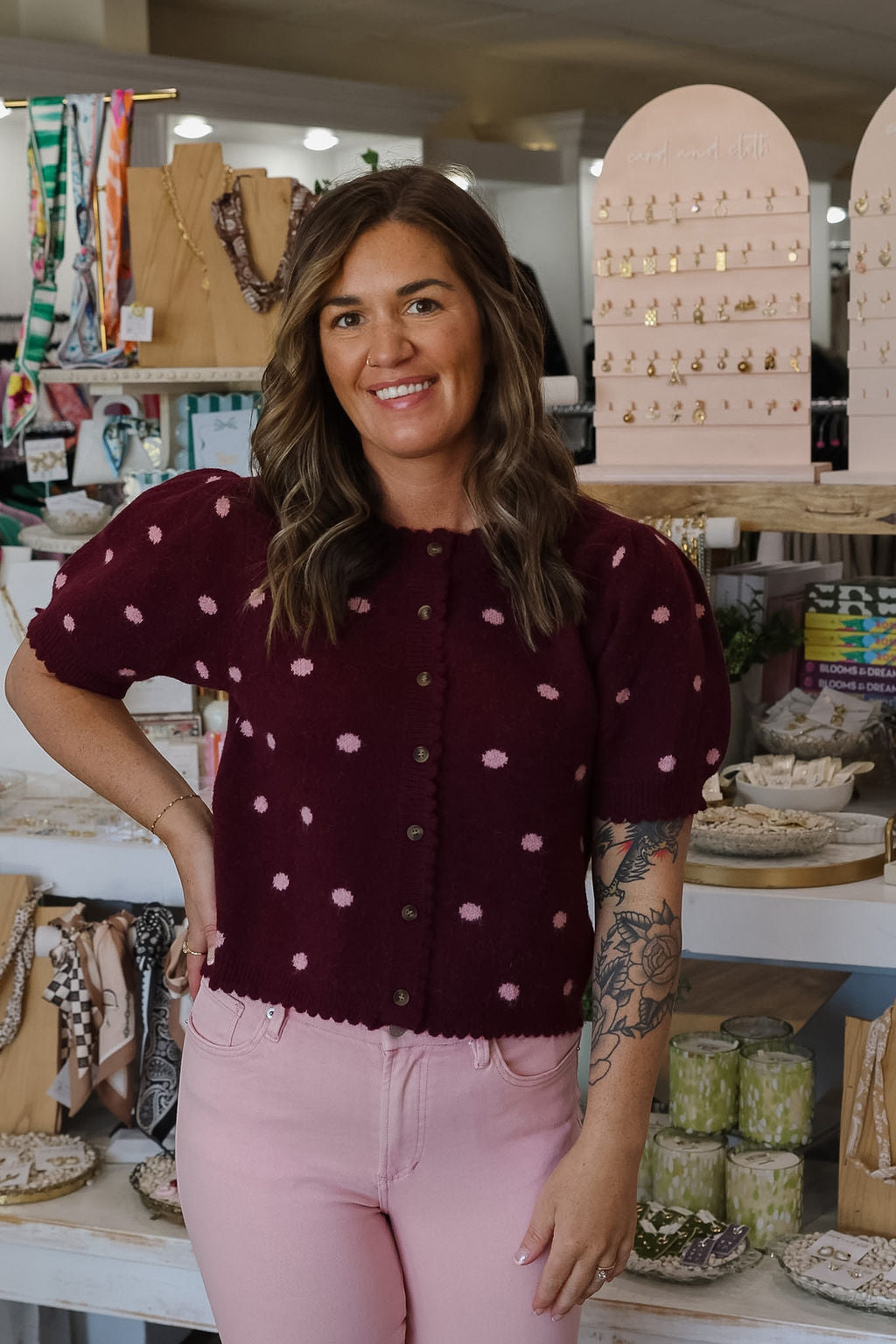 Sammi Scalloped Sweater/Cardi - Burgundy Polka Dot