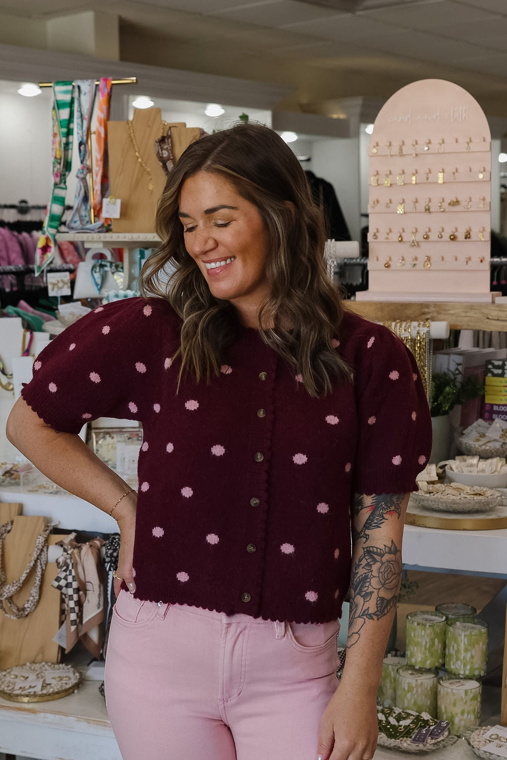 Sammi Scalloped Sweater/Cardi - Burgundy Polka Dot
