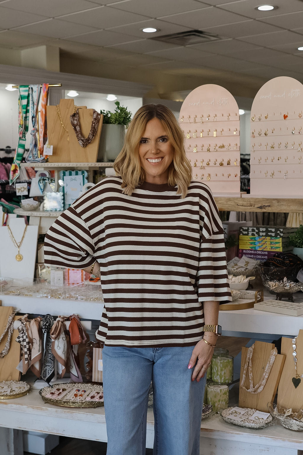 Waffle Knit Stripe Tee - Brown