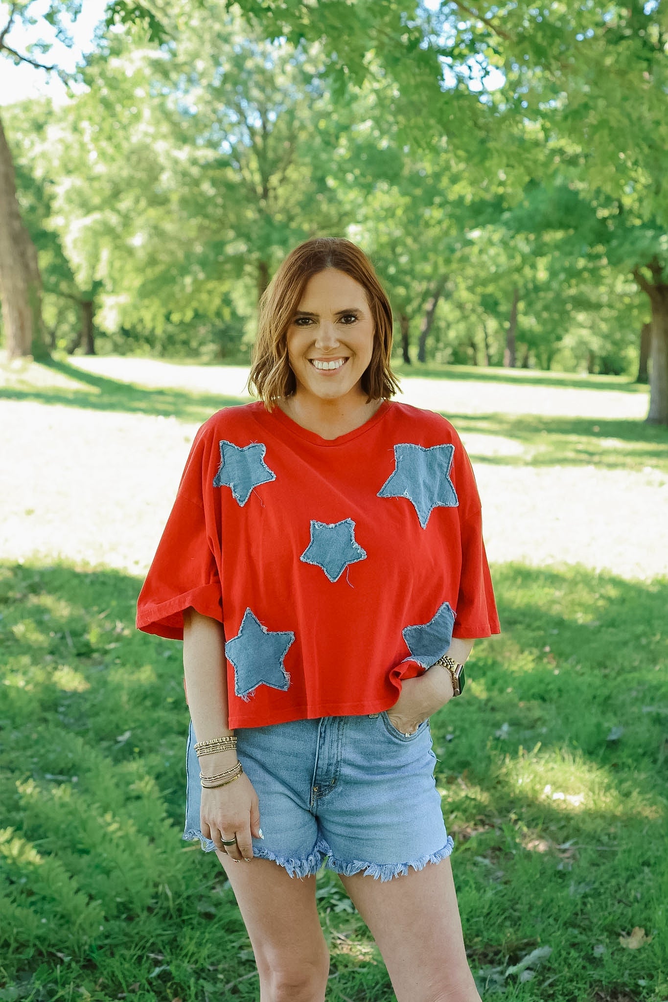 Stars Cropped Tee - Red