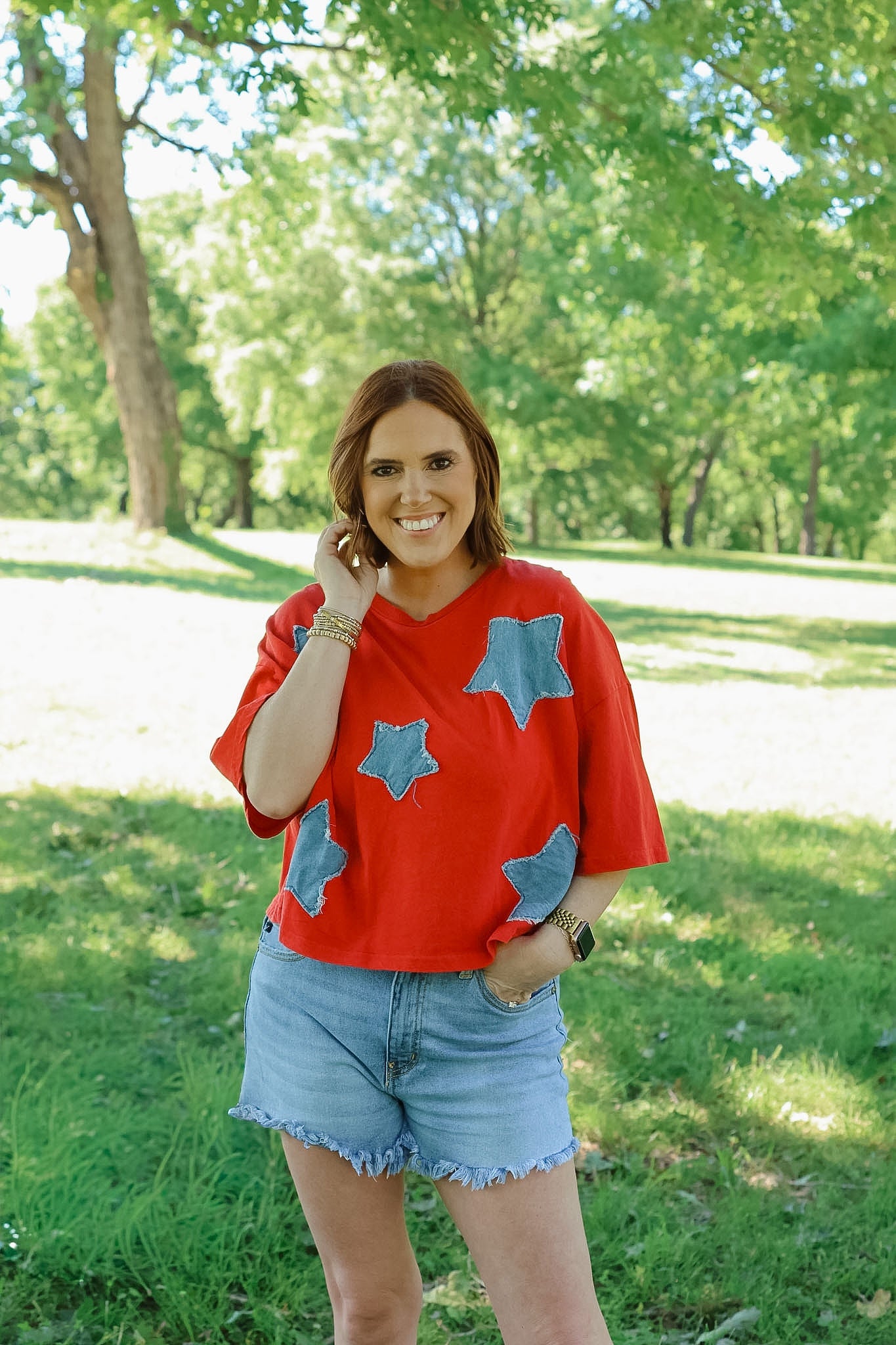 Stars Cropped Tee - Red