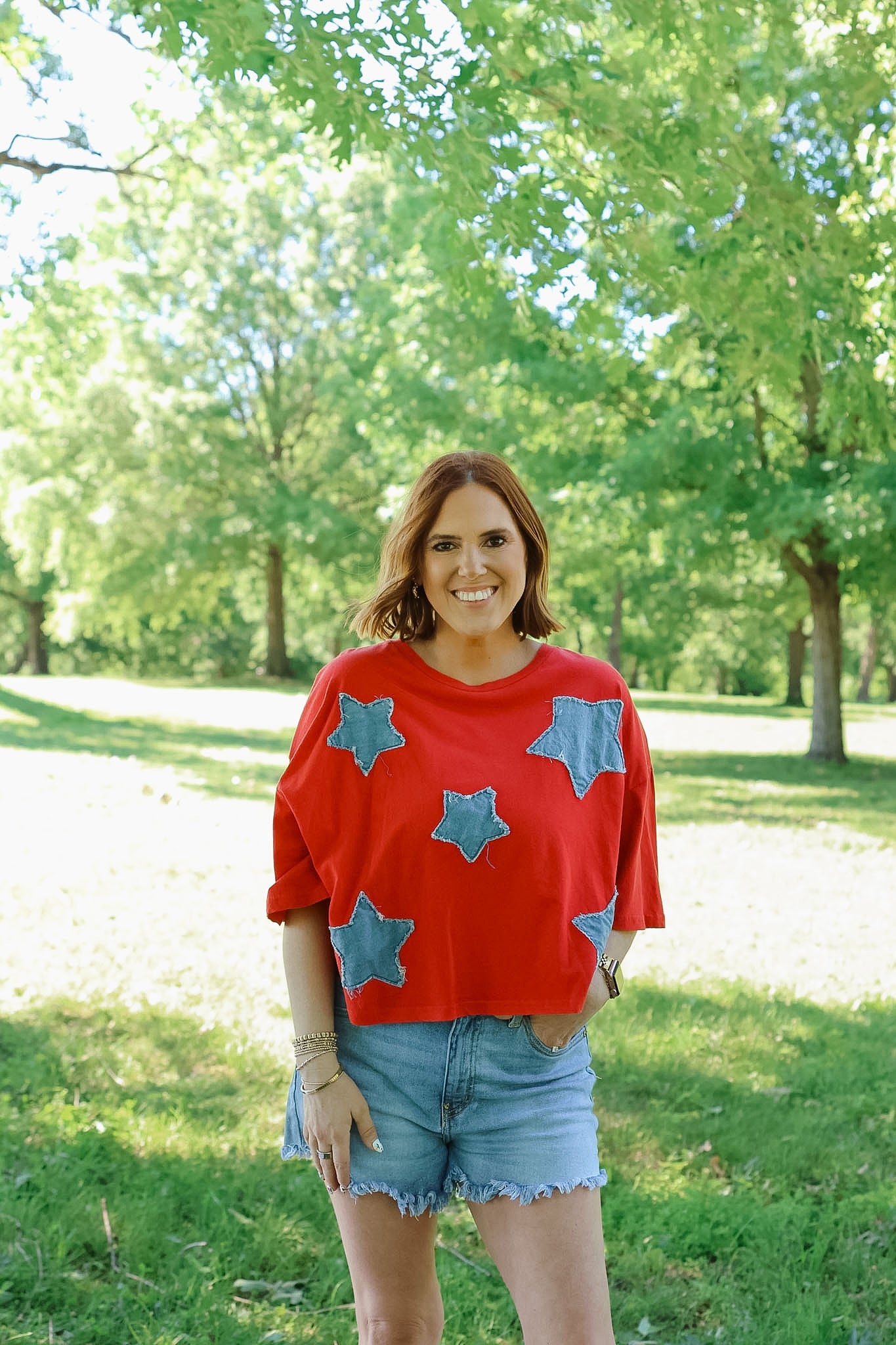 Stars Cropped Tee - Red