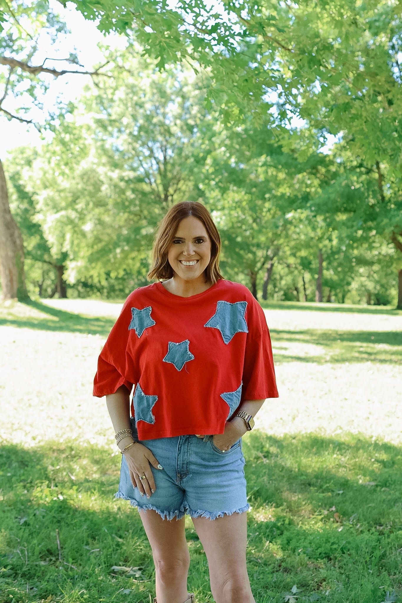 Stars Cropped Tee - Red