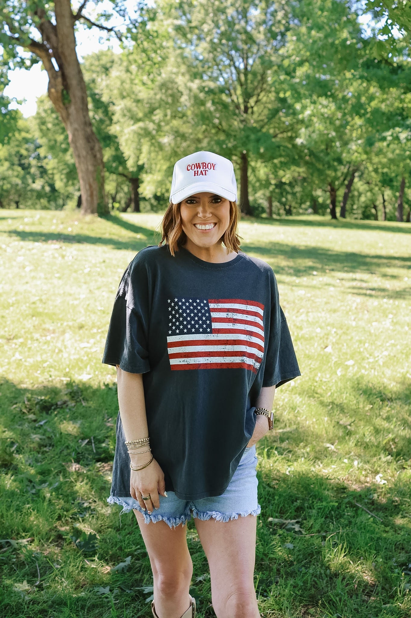 Oversized American Flag Tee - Charcoal