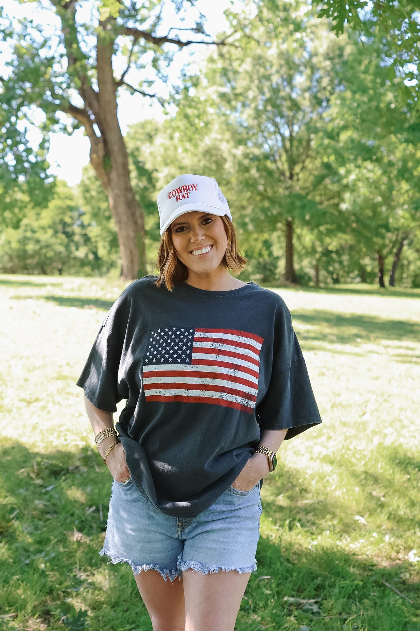 Oversized American Flag Tee - Charcoal