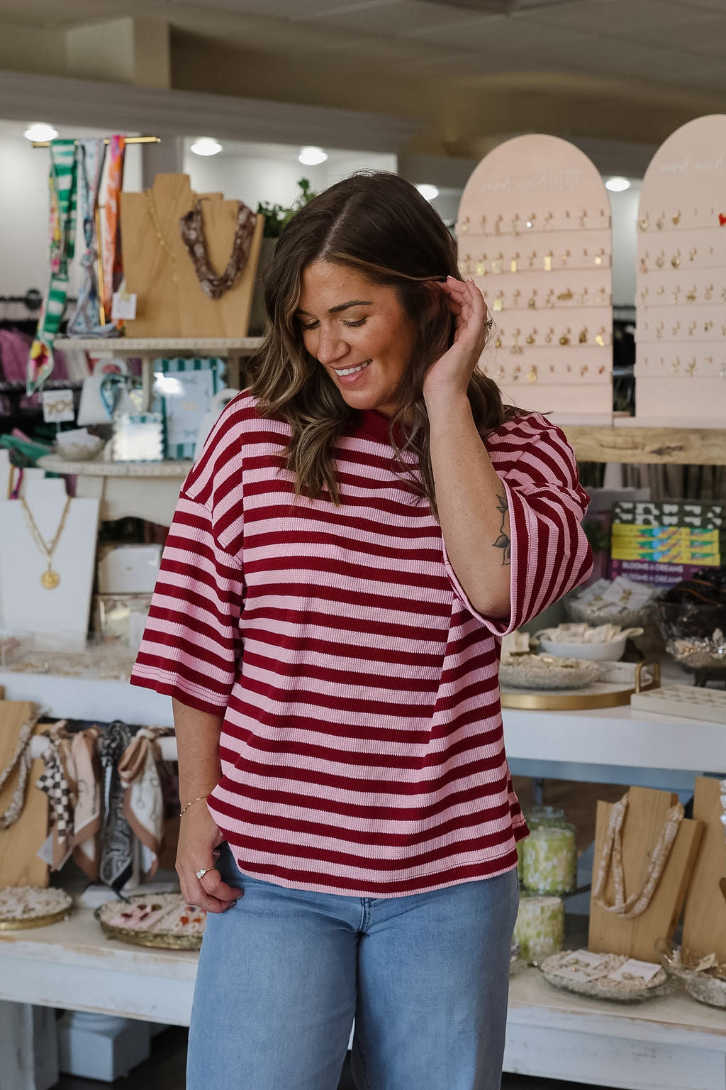 Waffle Knit Stripe Tee - Burgundy