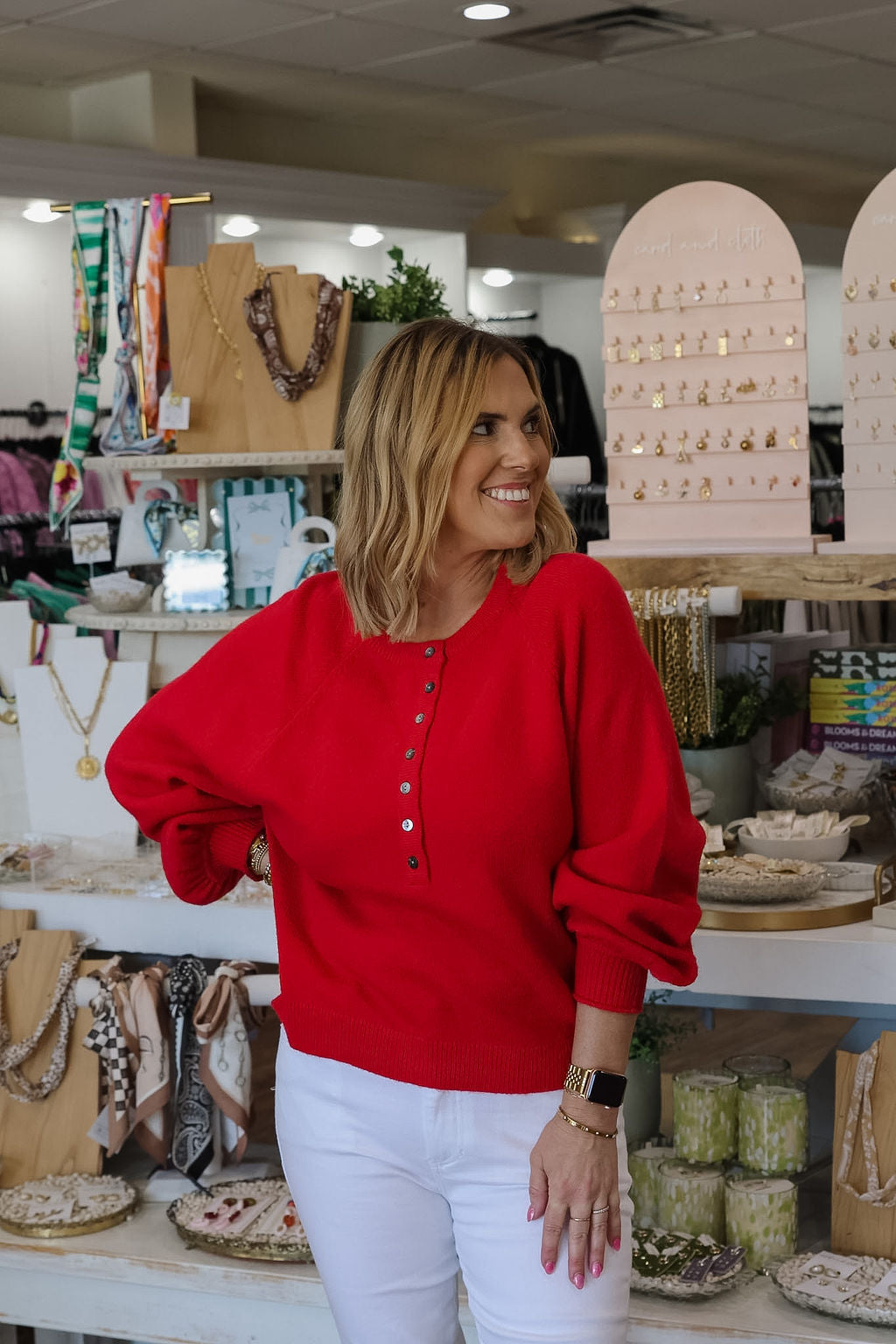 Kingsley Knit Button Front Top - Red