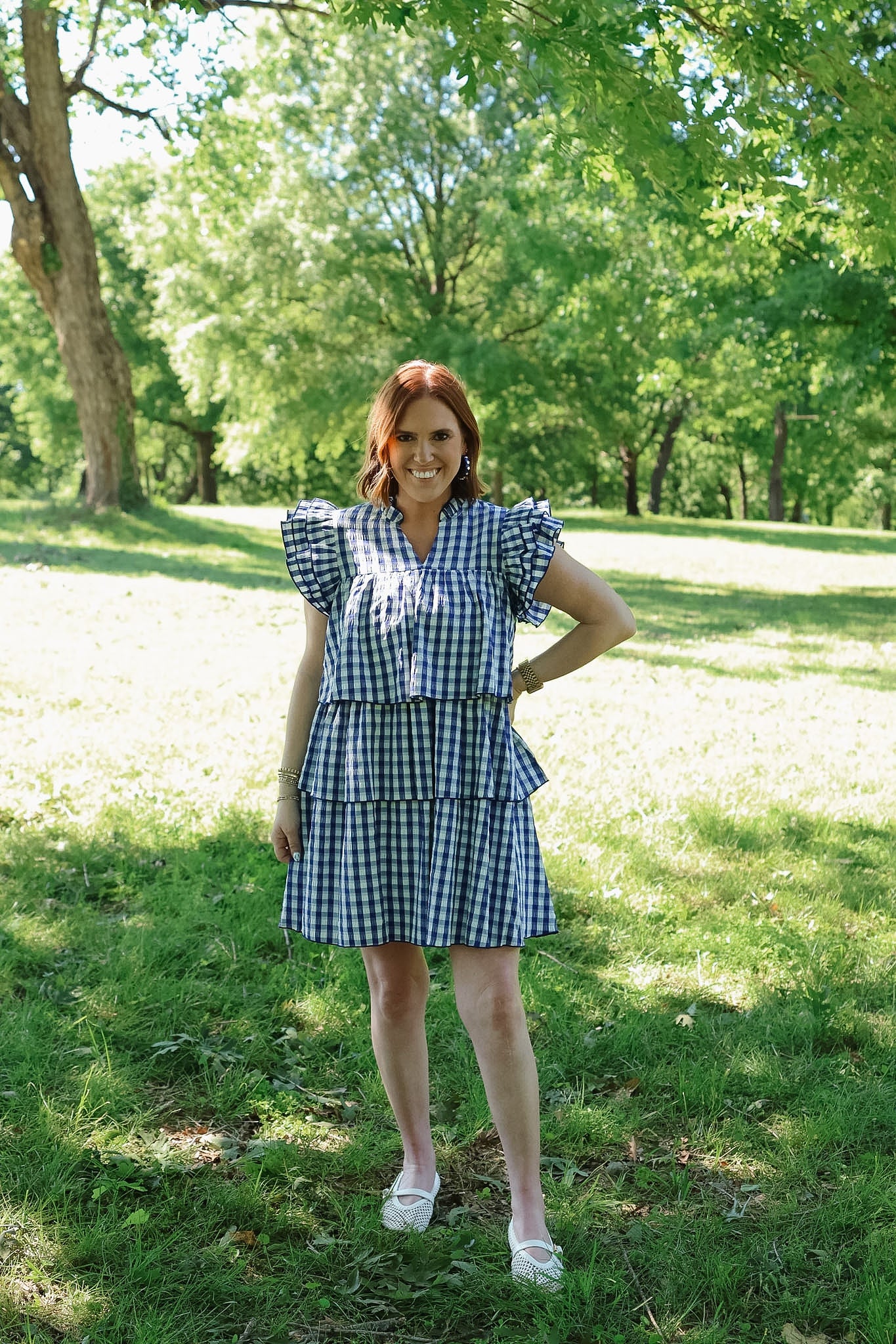 Gingham Tiered Mini Dress - Navy
