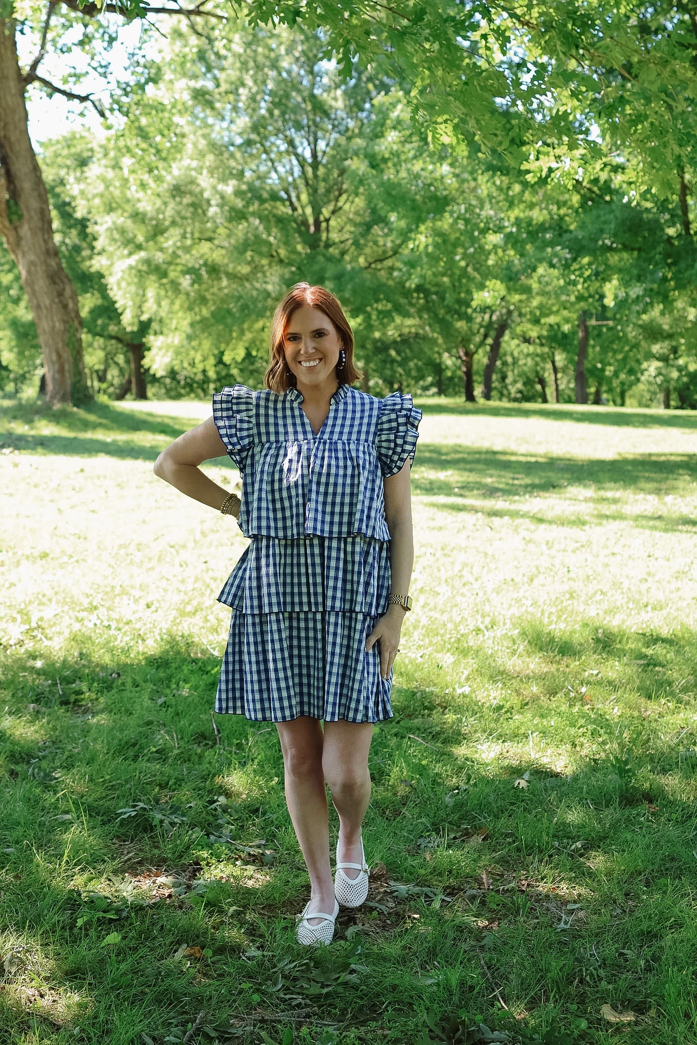 Gingham Tiered Mini Dress - Navy