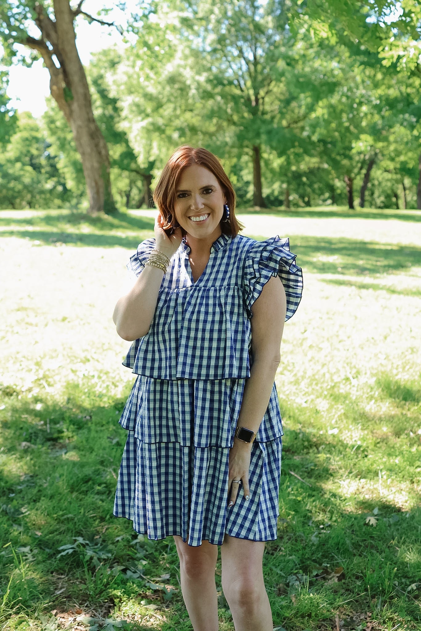 Gingham Tiered Mini Dress - Navy