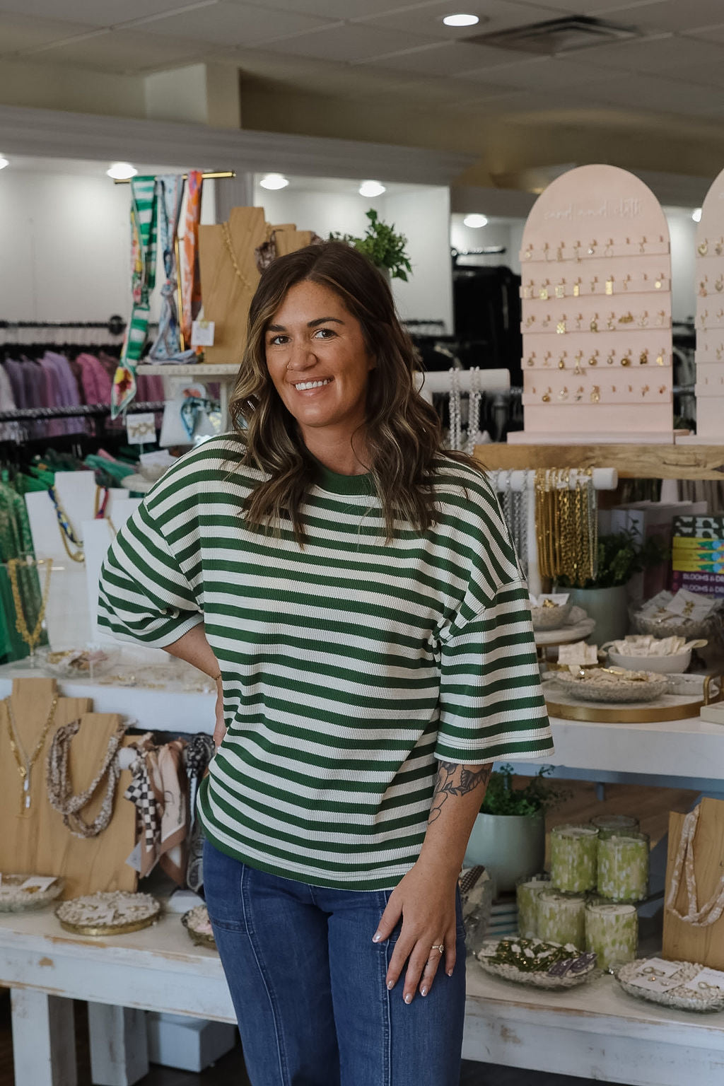 Waffle Knit Stripe Tee - Olive