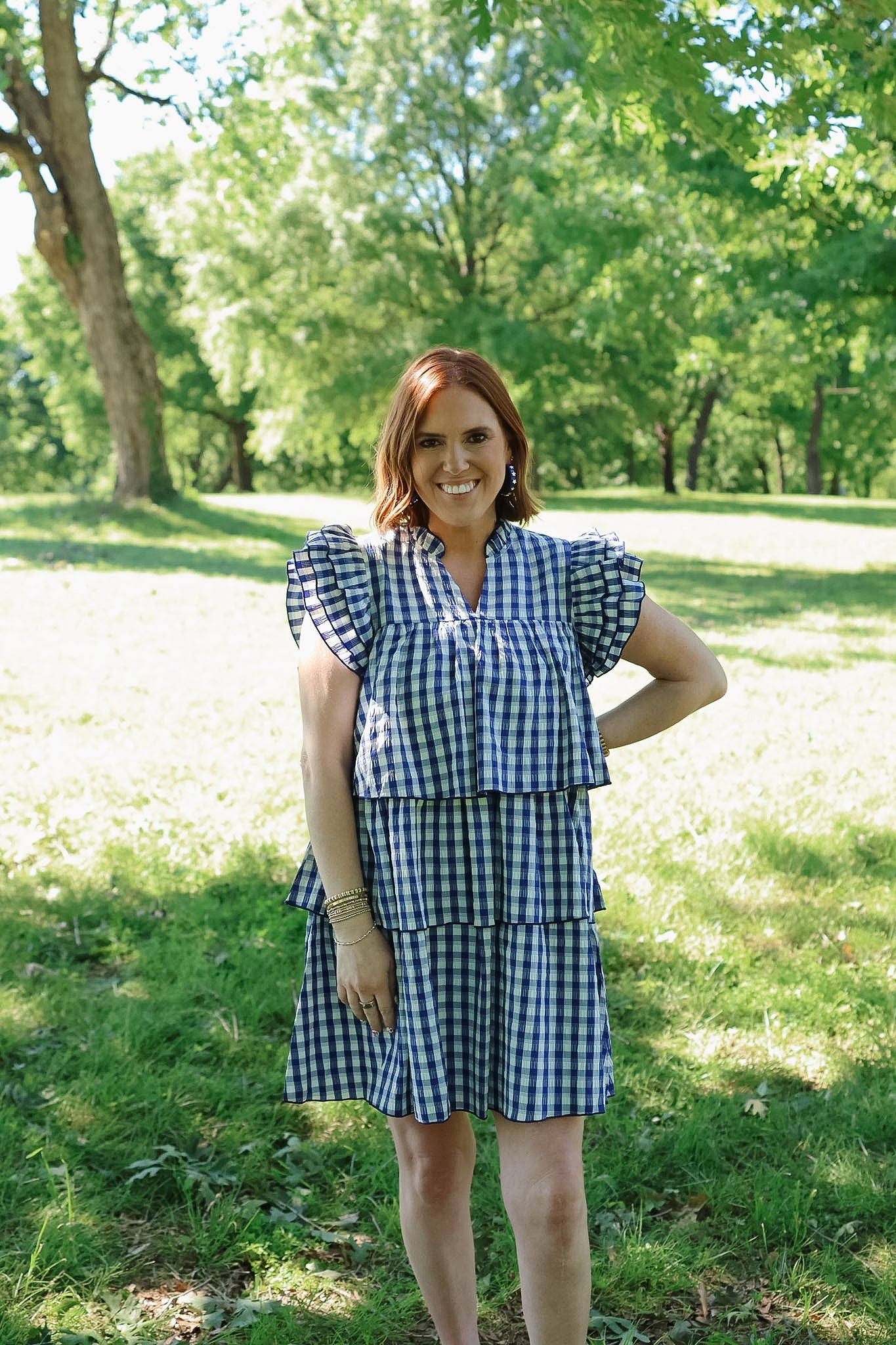 Gingham Tiered Mini Dress - Navy