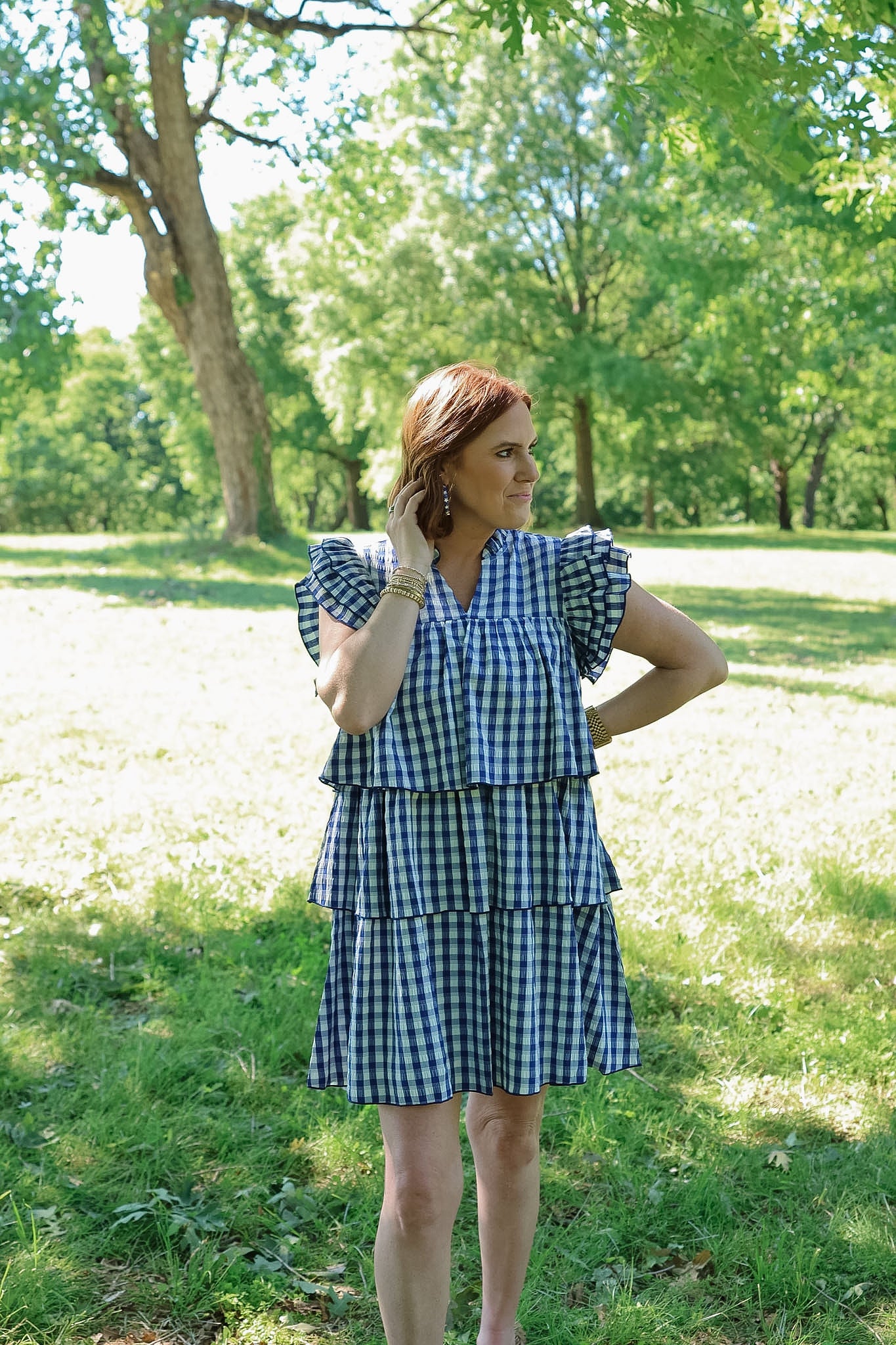Gingham Tiered Mini Dress - Navy