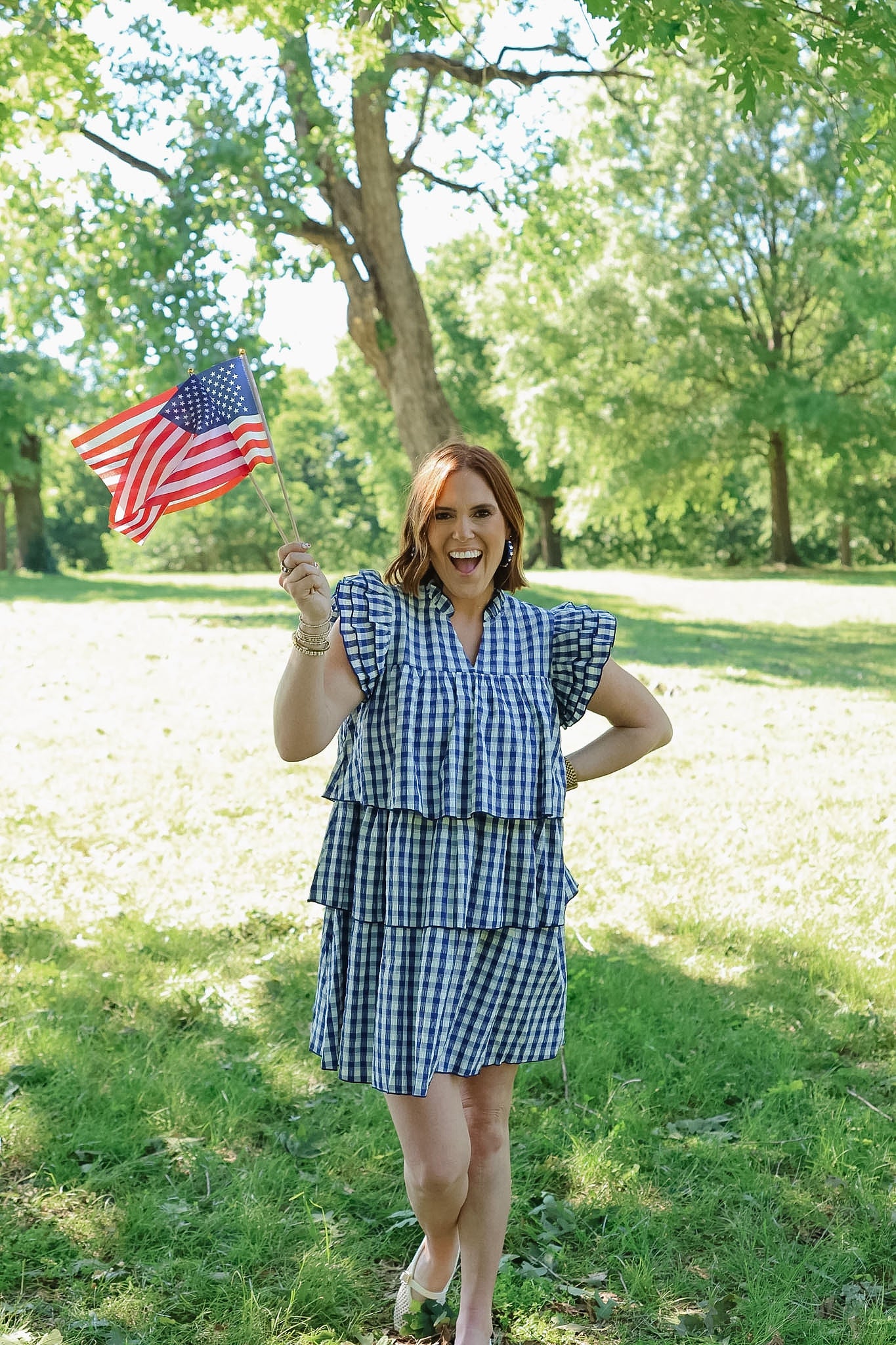 Gingham Tiered Mini Dress - Navy