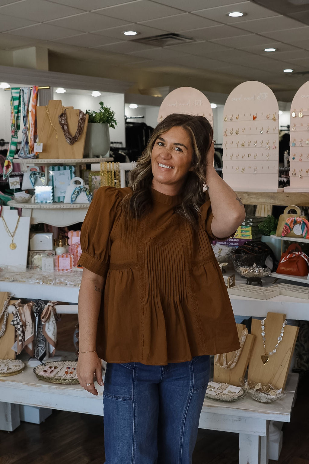 Camel Lace Detail Pleated Top